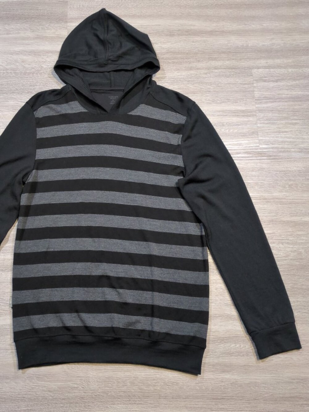 Icebreaker Merino Men's Medium Pullover Hoodie Black Grey Striped 100% Wool